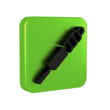 Siyah Ses Jack simgesi şeffaf arkaplanda izole edildi. Bağlantı ses ekipmanları için ses kablosu. Fiş kablosu. Müzik aleti. Yeşil kare düğmesi..