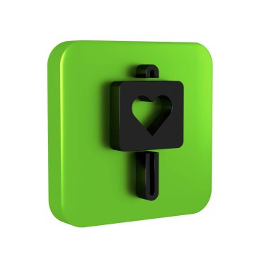 Şeffaf arkaplanda kalp simgesi olan Kara Harita işaretçisi. Sevgililer Günü. Aşk yeri. Romantik harita iğnesi. Yeşil kare düğmesi..