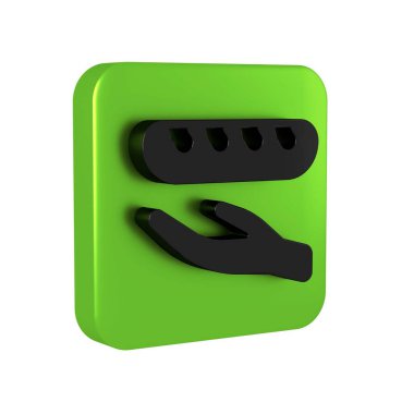 Siyah Bağış gıda ikonu şeffaf arkaplanda izole edildi. Yeşil kare düğmesi..