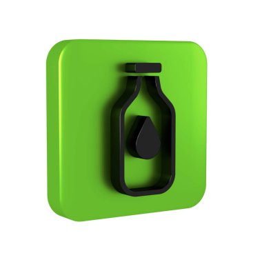 Şeffaf arkaplanda izole edilmiş siyah bir su ikonu şişesi. Soda su içme tabelası. Yeşil kare düğmesi..