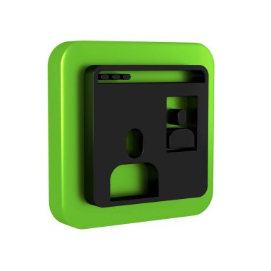 Siyah Görüntülü Sohbet Konferansı simgesi şeffaf arkaplanda izole edildi. Ekranda görüntülü sohbet arayüzü olan bilgisayar. Yeşil kare düğmesi..