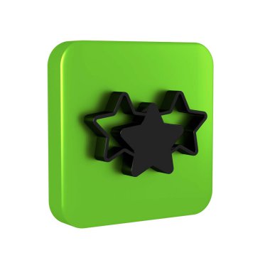 Siyah 5 yıldızlı ürün değerlendirme simgesi şeffaf arkaplanda izole edildi. Favori, en iyi derecelendirme, ödül sembolü. Yeşil kare düğmesi..