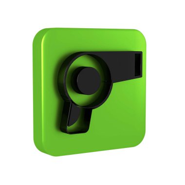 Siyah saç kurutma makinesi simgesi şeffaf arkaplanda izole edildi. Saç kurutma makinesi tabelası. Saç kurutma sembolü. Sıcak hava üflüyor. Yeşil kare düğmesi..