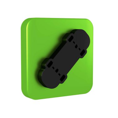 Şeffaf arkaplanda siyah kaykay simgesi izole edildi. Olağanüstü bir spor. Spor malzemeleri. Yeşil kare düğmesi..