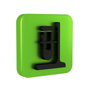 Kürsüdeki siyah cam deney tüpü şişesi şeffaf arkaplanda izole edilmiş. Laboratuvar ekipmanları. Yeşil kare düğmesi..