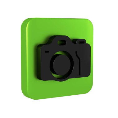 Şeffaf arkaplanda siyah fotoğraf makinesi simgesi izole edildi. Foto kamera. Dijital fotoğrafçılık. Yeşil kare düğmesi..