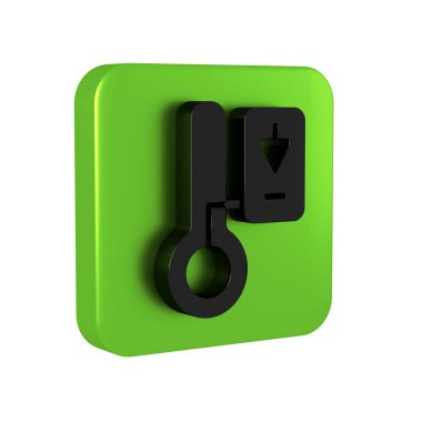 Siyah Sauna termometre simgesi şeffaf arkaplanda izole edildi. Sauna ve banyo malzemeleri. Yeşil kare düğmesi..