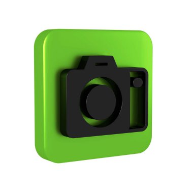 Şeffaf arkaplanda siyah fotoğraf makinesi simgesi izole edildi. Foto kamera. Dijital fotoğrafçılık. Yeşil kare düğmesi..