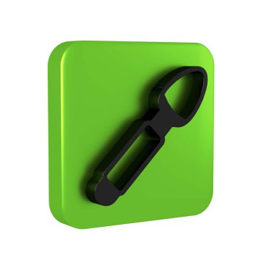 Şeffaf arkaplanda siyah gümüş kaşık simgesi izole edildi. Mutfak aletleri. Çatal bıçak seti. Yeşil kare düğmesi..