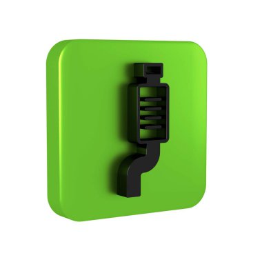 Siyah araba susturucusu simgesi şeffaf arkaplanda izole edildi. Egzoz borusu. Yeşil kare düğmesi..