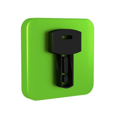 Uzaktan kumandalı siyah araba anahtarı şeffaf arkaplanda izole edilmiş. Araba anahtarı ve alarm sistemi. Yeşil kare düğmesi..