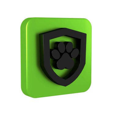 Siyah Hayvan Sağlık Sigortası ikonu şeffaf bir arkaplanda izole edilmiş. Hayvan koruma konsepti. Köpek ya da kedi pençesi izi. Yeşil kare düğmesi..