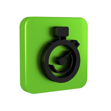 Siyah Kronometre simgesi şeffaf arkaplanda izole edildi. Zaman göstergesi. Kronometre işareti. Yeşil kare düğmesi..