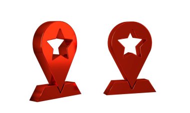 Şeffaf arkaplanda yıldız simgesi olan kırmızı harita işaretçisi. Yıldız favori iğne haritası simgesi. Harita işaretleyicileri. .