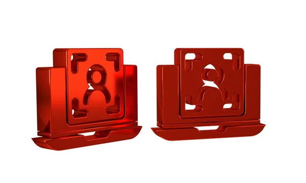 Red Laptop with face recognition icon isolated on transparent background. Face identification scanner icon. Facial id. Cyber security concept. .