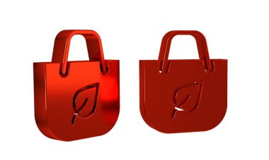 Şeffaf arkaplanda izole edilmiş geri dönüşüm simgesine sahip kırmızı kağıt alışveriş torbası. Geri dönüşüm sembollü çanta. .