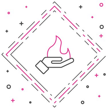 Çizgi El beyaz arka planda izole edilmiş bir ateş ikonu tutuyor. Renkli taslak konsepti. Vektör