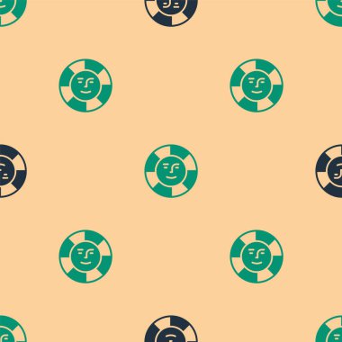 Yeşil ve siyah güneş ikonu, bej arkaplandaki kusursuz deseni izole etti. Vektör