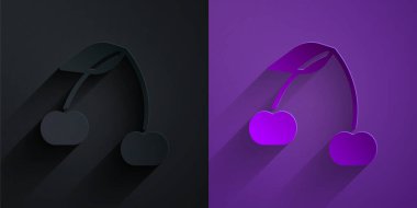 Kağıt kesiği kiraz ikonu, mor arka planda siyah üzerine izole edilmiş. Yaprak sembollü meyve. Kağıt sanatı tarzı. Vektör