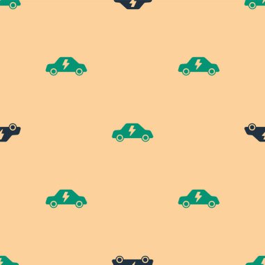 Yeşil ve siyah elektrikli araba ve elektrik kablosu şarj ikonu bej arka planda izole edilmiş pürüzsüz desen. Yenilenebilir ekolojik teknolojiler. Vektör