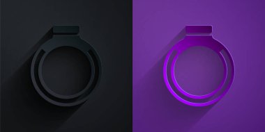 Paper cut Gold ring icon isolated on black on purple background. Paper art style. Vector