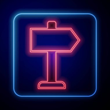 Parlayan neon yol trafik işareti. Siyah arkaplanda sinyal simgesi izole edildi. İşaretçi sembolü. İzole sokak bilgi levhası. Yön tabelası. Vektör