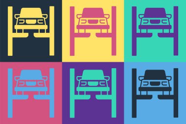 Asansör ikonundaki Pop Art Tamir Aracı renk arkaplanında izole edildi. Alt gövdenin tamiri, süspansiyon, tekerlekler ve motor. Vektör