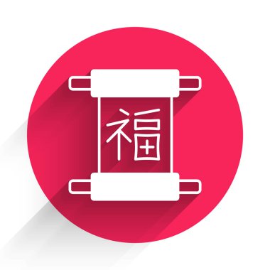 Beyaz Çin Yeni Yıl ikonu uzun gölge arkaplan izole. Kırmızı daire düğmesi. Vektör