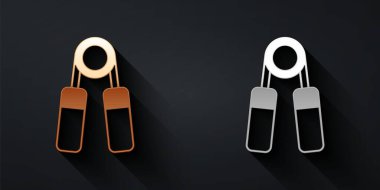 Siyah arkaplanda altın ve gümüş spor genişletici simgesi izole edildi. Spor malzemeleri. Uzun gölge tarzı. Vektör