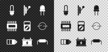 LED ampul, elektrik paneli, ışık yayan diyot, pil seviyesi göstergesi, araba aküsü, rezistör elektriği, mikro devreli işlemci ve Multimetre simgesini ayarla. Vektör