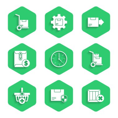 Saati ayarla, kalkanlı teslimat güvenliği, tahta kutu ve silme, el arabası kutuları, alışveriş sepetine ekle, zarf dolar sembolü, karton karton ve simge. Vektör