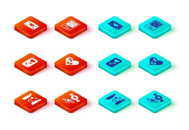 Aşkı ilk bakışta ayarla, Candy, çiçek gülü, iyileşmiş kırık kalp, fotoğraf çerçeveleri kalpler ve sevgililer günü simgesi ile zarf. Vektör