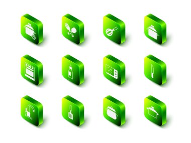 Çapraz çatal ve kaşık, mutfak çırpıcısı, pişirme kabı, bıçak, mikrodalga fırın ve barbekü spatula ikonu. Vektör