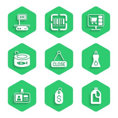 Kapalı Asma Tabelası, Fiyat etiketi dolar, temizlik malzemesi şişesi, sos şişesi, kimlik kartı, konserve balık, alışveriş arabası bilgisayarı ve elektronik ölçekli ikon. Vektör