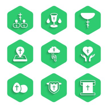 Tanrı 'nın yardım elini, Hristiyan haçlı bayrağı, dindar kalbi, Paskalya yumurtası, kilise binası, Hıristiyan zinciri ve rahip ikonu. Vektör