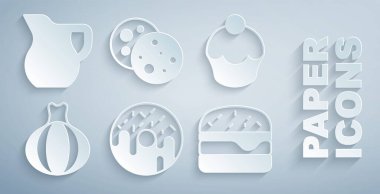 Donut, Muffin, Soğan, Burger, Çikolatalı Kurabiye ve sürahi bardakta süt ikonu. Vektör