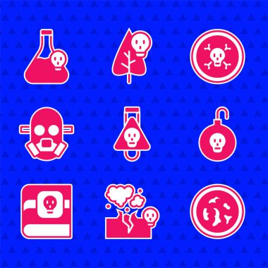 Şişeyi iksir, zehirli gaz veya duman bulutu, petri kabı bakterisi, nükleer bomba, zehirlerle ilgili kitap, gaz maskesi, kemik ve kafatası ve zehirli sıvı ikon ile ayarla. Vektör