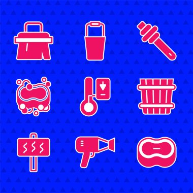 Sauna termometresi, saç kurutma makinesi, sabun, kova, ballı çubuk ve fırça ikonu. Vektör