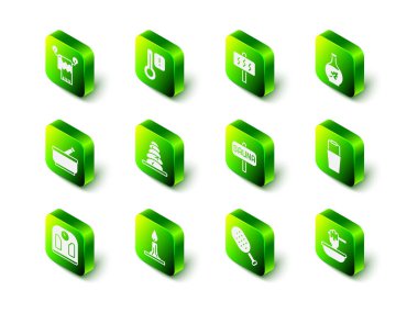 Sauna termometresi, temel yağ şişesi, kova, ballı çubuk kase, fırça ve yanan mum ikonu. Vektör