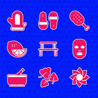 Sauna tezgahı, meşe yaprağı, çiçek, yüz kozmetik maskesi, havan topu ve tokmak, limon, fırça ve eldiven ikonu. Vektör