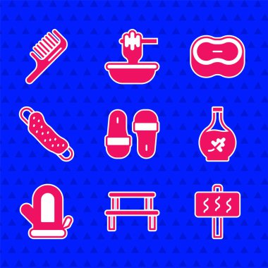 Sauna terlikleri, ahşap bank, temel yağ şişesi, eldiven, bez, sabun ve saç fırçası ikonu. Vektör