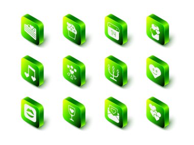 Düğün pastası, 14 Şubat Takvimi, Randevu uygulaması online mobil, Heart, Candlestick, Envelope Valentine Heart ve şampanya ikonu. Vektör