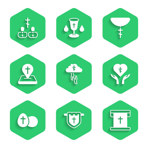 Установите Божью руку помощи, Флаг с христианским крестом, Религиозное сердце, Пасхальное яйцо, Место церковное здание, христианская цепь и икона священника. Вектор