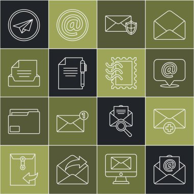 Satır satırını ayarla Posta ve e-posta, Gelen mesaj konsepti, konuşma balonu, Kalkanlı Zarf, Döküman kalemi, Çekmece belgesi, Kağıt uçak ve Posta pulu simgesi. Vektör