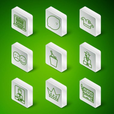 Çizgi makinası, King iskambil kağıdı, dizüstü bilgisayar ve slot, şampanya kovası, poker oyuncusu, limonlu kumarhane, krupiye ve ikon. Vektör