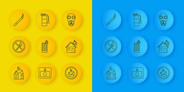 Yangın söndürme kibriti, ateş, ev, sigara, gaz maskesi ve yangın söndürme ikonu yok. Vektör