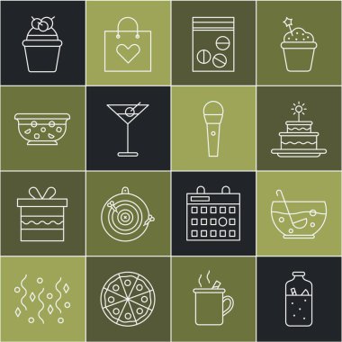 Set hattı sıcak şarap, karışık punç kasesi yanan mumlu kek, plastik uyuşturucu torbası, martini bardağı ve karaoke mikrofon ikonu. Vektör