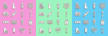 Set line Dildo vibrator, Personal lubricant, Leather whip, Anal beads, Laptop with 18 plus content, Birth control pills and condom and  icon. Vector