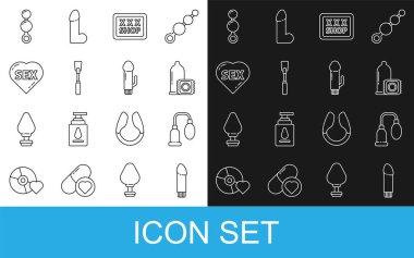 Set line Dildo vibrator, Penis pump, Condom, Sex shop, Leather whip, Heart with text, Anal beads and  icon. Vector