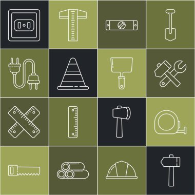 Hat Hammer, Rulet inşaatı, İngiliz anahtarı anahtarı, inşaat baloncuk seviyesi, trafik konisi, elektrik prizi, elektrik prizi ve macun bıçağı ikonu. Vektör
